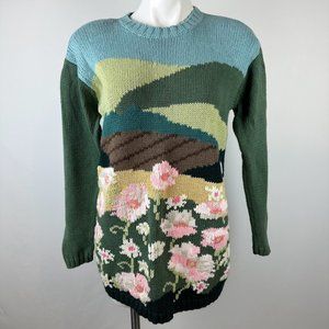 Vintage Unique Rare Graphic Knitted Floral Meadow Y2k Sweater Size Small
